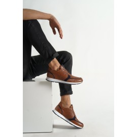 Casual Hakiki Deri Erkek Spor Ayakkabı Desenli Kahverengi