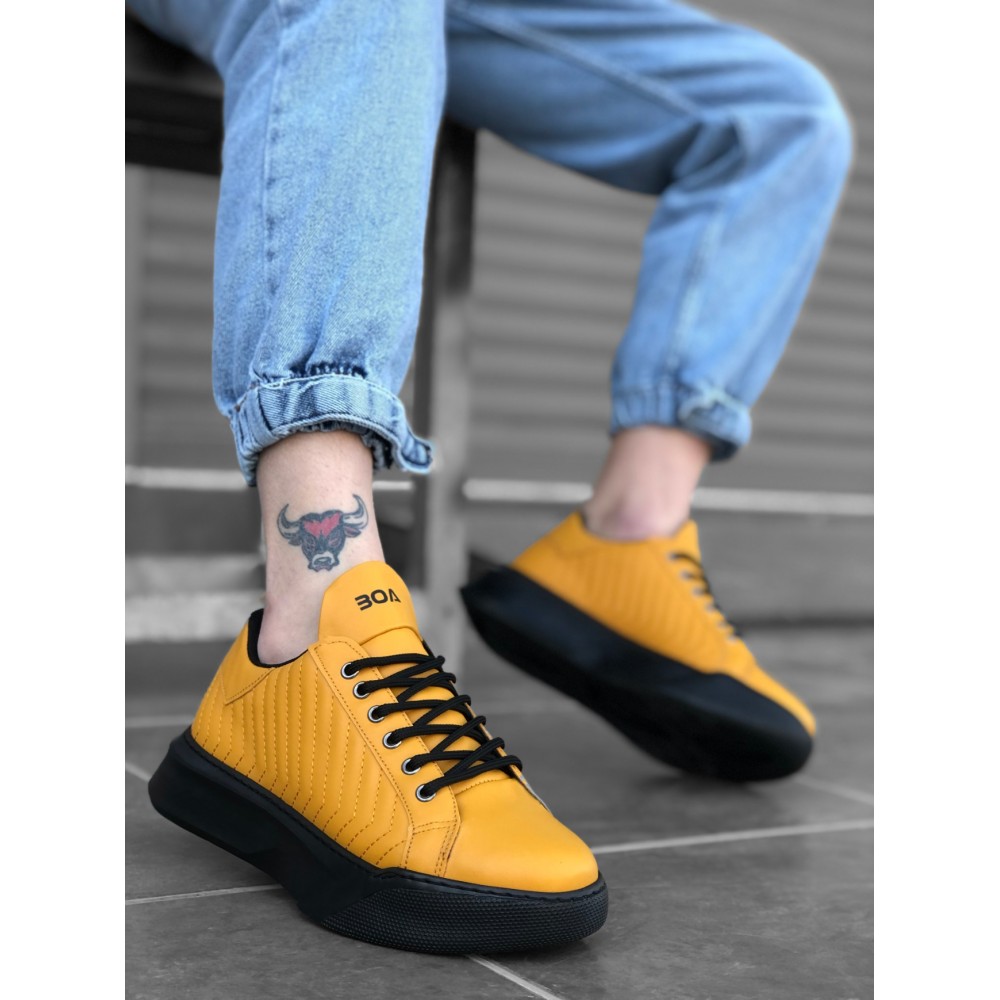 K&A-Bağcıklı Erkek Model Dikişli Yüksek Taban Sarı Spor Ayakkabı