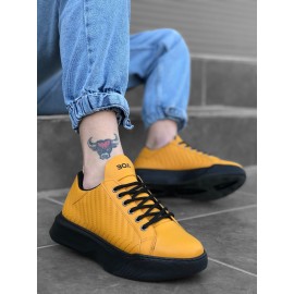 K&A-Bağcıklı Erkek Model Dikişli Yüksek Taban Sarı Spor Ayakkabı