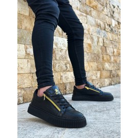 K&A-308 BOA Kalın Yüksek Taban Çift Fermuarlı Siyah Siyah Erkek Ayakkabı