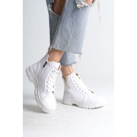 AMBER Bağcıklı Fermuarlı Ortopedik Taban Suya ve Soğuğa Dayanıklı Cilt Kadın Spor Bot BT Beyaz