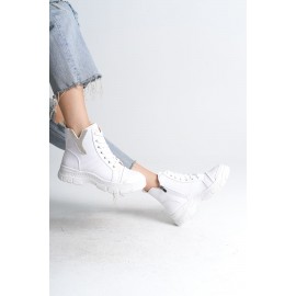 AMBER Bağcıklı Fermuarlı Ortopedik Taban Suya ve Soğuğa Dayanıklı Cilt Kadın Spor Bot BT Beyaz