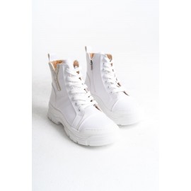 AMBER Bağcıklı Fermuarlı Ortopedik Taban Suya ve Soğuğa Dayanıklı Cilt Kadın Spor Bot BT Beyaz