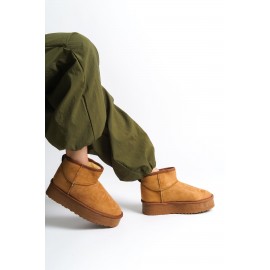 LIA Bağcıksız Düz ve Kalın Taban İçi Kürklü Kısa Süet Kadın Bot TT Taba