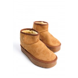 LIA Bağcıksız Düz ve Kalın Taban İçi Kürklü Kısa Süet Kadın Bot TT Taba