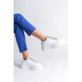 K&A  Bağcıklı Ortopedik Taban Taşlı Kadın Sneaker Ayakkabı BT Beyaz