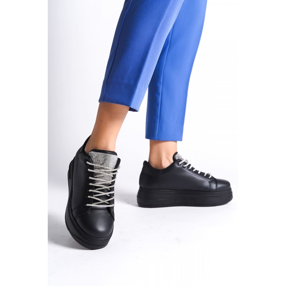 K&A  Bağcıklı Ortopedik Taban Taşlı Kadın Sneaker Ayakkabı ST Siyah