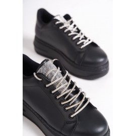 K&A  Bağcıklı Ortopedik Taban Taşlı Kadın Sneaker Ayakkabı ST Siyah