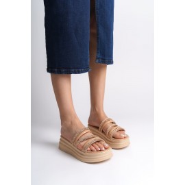 ELISE Düz Topuklu Şeritli Taşlı Kalın ve Ortopedik Taban Kadın Terlik TT Ten