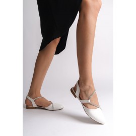 HANNAH Lastikli Ortopedik Rahat Taban Taş Detaylı Kadın Babet Ayakkabı KT Beyaz