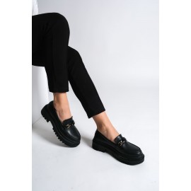 K&A  Bağcıksız Ortopedik Taban Zincir Detaylı Oxford Loafer Makosen Kadın Ayakkabı ST Siyah