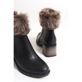 LIA Fermuarlı Ortopedik Taban Suya ve Soğuğa Dayanıklı Tüylü Topuklu Kadın Bot ST Siyah