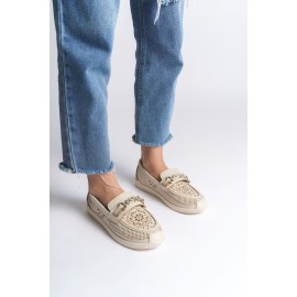 LILY Bağcıksız Ortopedik Rahat Taban Çiçek Desenli Babet Ayakkabı KT Krem