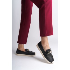 LILY Bağcıksız Ortopedik Rahat Taban Çiçek Desenli Babet Ayakkabı KT Siyah