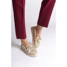 LYDIA Bağcıksız Ortopedik Rahat Taban Çiçek Desenli Babet Ayakkabı KT Krem