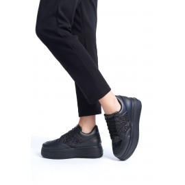 MIPA Bağcıklı Ortopedik Taban Simli Kadın Sneaker Ayakkabı ST Siyah