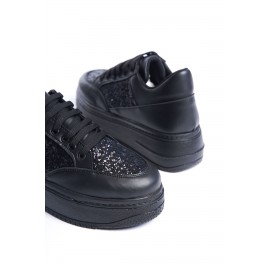 MIPA Bağcıklı Ortopedik Taban Simli Kadın Sneaker Ayakkabı ST Siyah