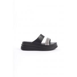 SARAH Düz Topuklu Taşlı Şeritli Kalın ve Ortopedik Taban Kadın Terlik ST Siyah