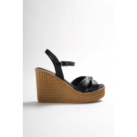 SOFIA Tokalı Lastikli Dolgu Topuklu Ortopedik Taban Hasır Görünümlü Kadın Sandalet KT Siyah