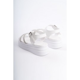 ZLOHE Kalın Tokalı Taşlı Şeritli Ortopedik Taban Kadın Sandalet BT Beyaz