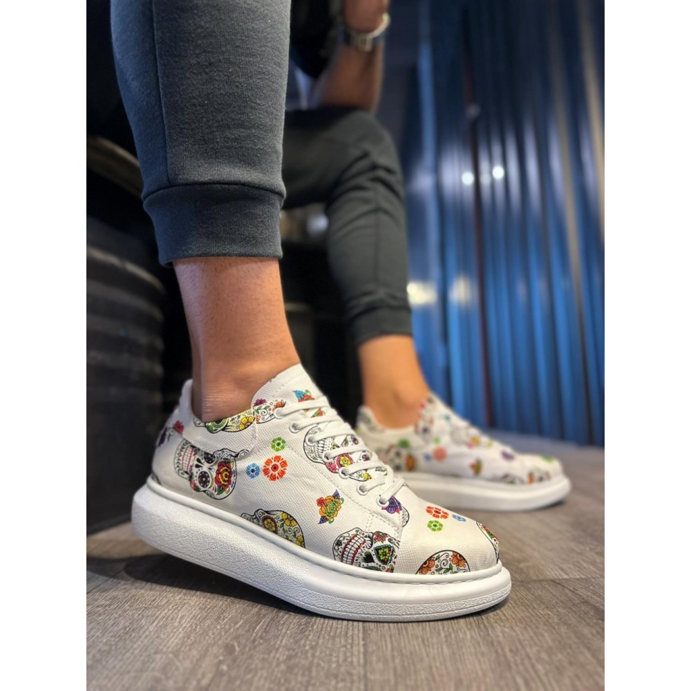 K&A Yüksek Taban Renkli Baskılı Günlük Ayakkabı 046 Beyaz Kurukafa