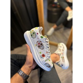 K&A Yüksek Taban Renkli Baskılı Günlük Ayakkabı 046 Beyaz Kurukafa