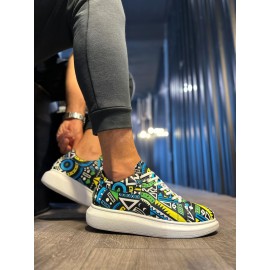 K&A Yüksek Taban Renkli Baskılı Günlük Ayakkabı 046 Sarı (Beyaz Taban)