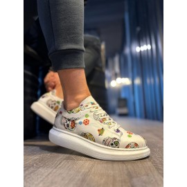 K&A Yüksek Taban Renkli Baskılı Günlük Ayakkabı 046 Beyaz Kurukafa
