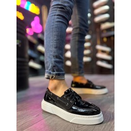 K&A Yüksek Taban Günlük Ayakkabı 700 Siyah Rugan (Beyaz Taban)