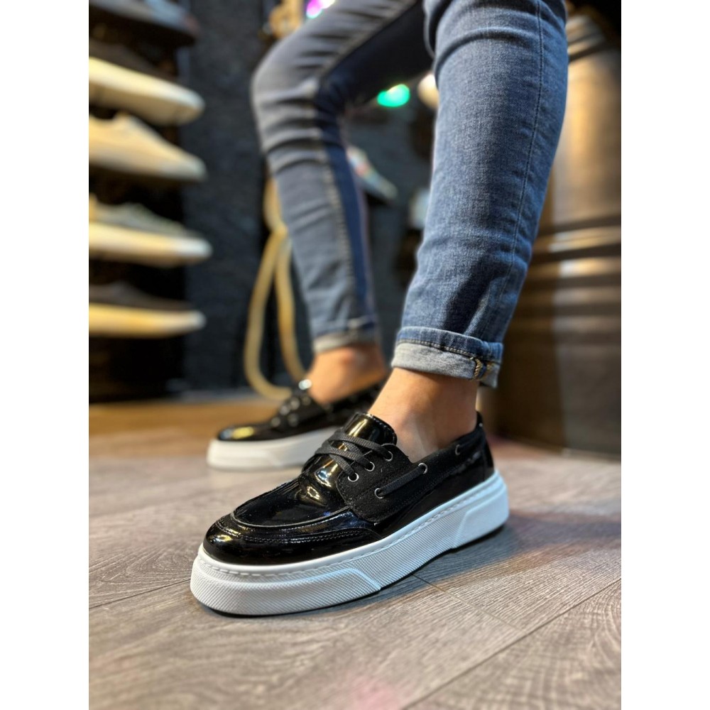 K&A Yüksek Taban Günlük Ayakkabı 700 Siyah Rugan (Beyaz Taban)