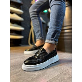 K&A Yüksek Taban Günlük Ayakkabı 700 Siyah Rugan (Beyaz Taban)