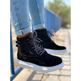 K&A Yüksek Taban Ayakkabı B-404 Siyah Süet (Beyaz Taban)